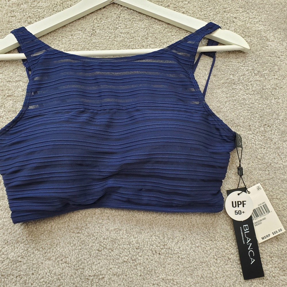La Blanca Bikini Top Women 8 Indigo Blue New Sheer Stripe High Neck LB4CE88-IND